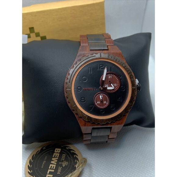 BEWELL W154A Men's Red/Black Sandalwood Analog Dial Quartz Wrist Watch YR43 - Picture 2 of 11